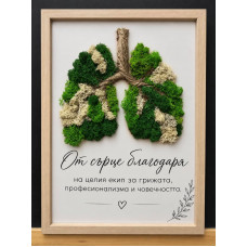 „Дъх на благодарност“ – 3D пано с бели дробове от ПРЕМИУМ скандинавски мъх, персонализиран подарък за пулмоло